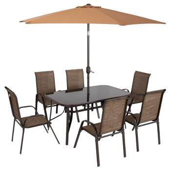 Outsunny 8 Piece Patio Furniture Set with Umbrella, Outdoor Dining Table and Chairs, 6 Chairs, Push Button Tilt and Crank Parasol, Glass Top, Brown