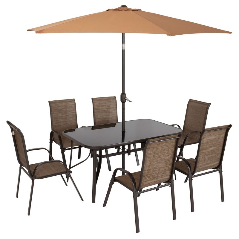 Outsunny 8 Piece Patio Furniture Set with Umbrella, Outdoor Dining Table and Chairs, 6 Chairs, Push Button Tilt and Crank Parasol, Glass Top, Brown, 1 of 7