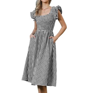 INSPIRE CHIC Women's Gingham Ruffle Cuff Sleeveless Square Neck Smocked A-Line Midi Dresses - 1 of 4