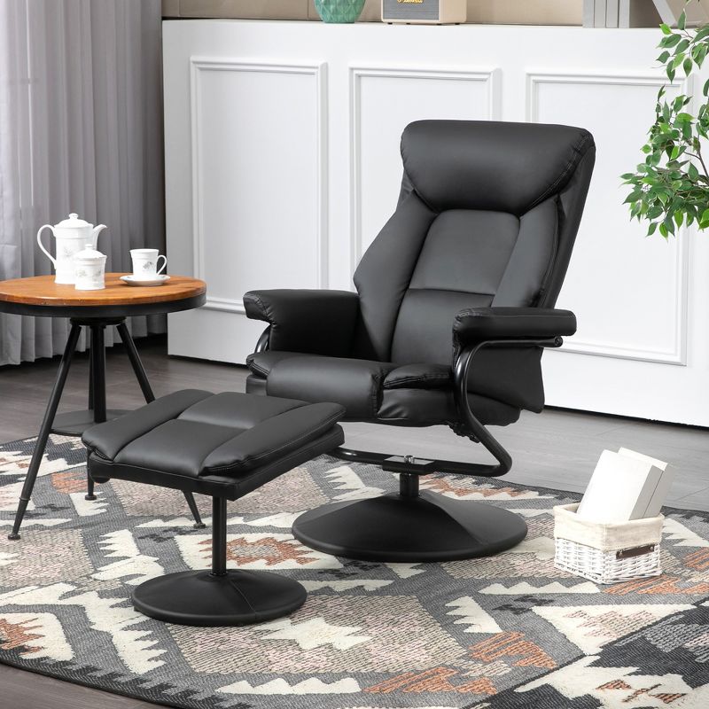 HOMCOM Recliner Chair with Ottoman Footrest, Swivel Reclining Chair, Faux Leather Living Room Chair with Adjustable Backrest and Wrapped Base, Black, 3 of 7