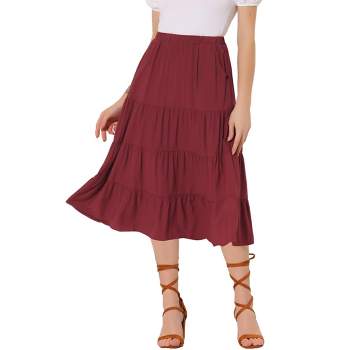 Allegra K Women's Midi Solid Elastic Waist Flare Tiered A-Line Skirt with Pockets