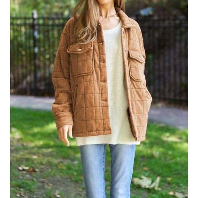 Women's Solid Mineral Wash Quilted Pockets Shacket - DAVI & DANI