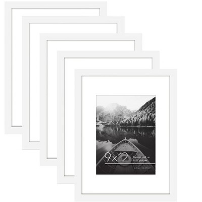 Americanflat 9x12 Picture Frame in White - Set of 5 Frames - Displays 6x8 With Mat and 9x12 Without Mat - with Plexiglass Cover