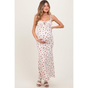 Pinkblush Red Ribbed Floral Shoulder Tie Maternity Maxi Dress - 1 of 4