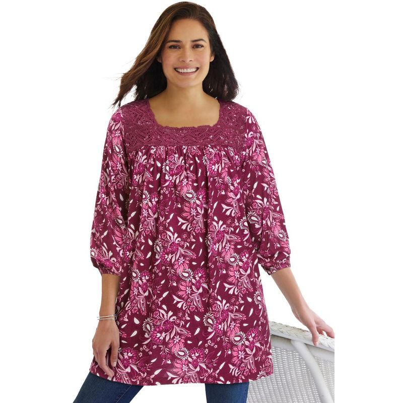 Woman Within Women's Plus Size Lace Trim Three-Quarter Sleeve Tunic., 1 of 2