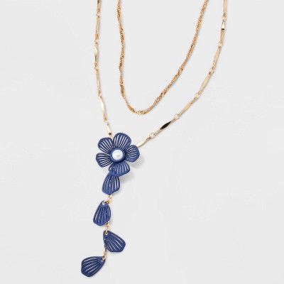 Floral Drop Y Multi-Strand Necklace - A New Day™ Navy Blue: Nickel-Free Metal, Lobster Claw Clasp