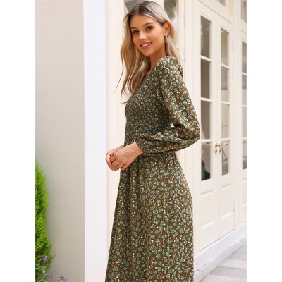 Женские платья INSPIRE CHIC Women's Floral Smocked Long Puff Sleeve A-Line Summer Boho Maxi Dresses Brown X-Large — фото 4