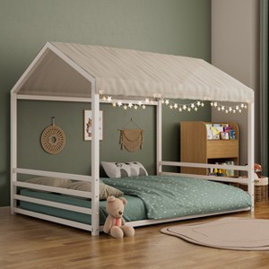 Twin/Full Size Montessori Floor Bed Frame, Metal House Shaped Low Bed with Guardrails for Toddlers - ModernLuxe - 1 of 4