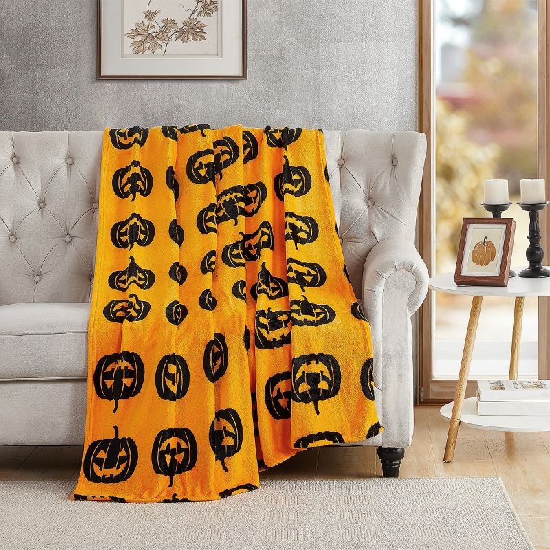 Kate Aurora Halloween Black & Orange Oversized Jack O' Lanterns Ultra Soft & Plush Throw Blanket - 50 in. W x 70 in. L, 1 of 4