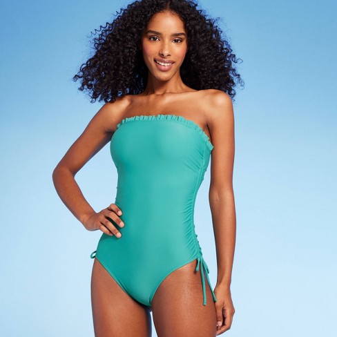 Women's Lettuce Edge Bandeau One Piece Swimsuit - Shade & Shore™ Teal Green  XS