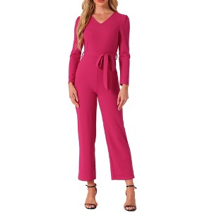 Allegra K Women's V Neck Jumpsuit Long Sleeve Tie Waist Wide Leg Long Pants Elegant Knit Jumpsuits - 1 of 4