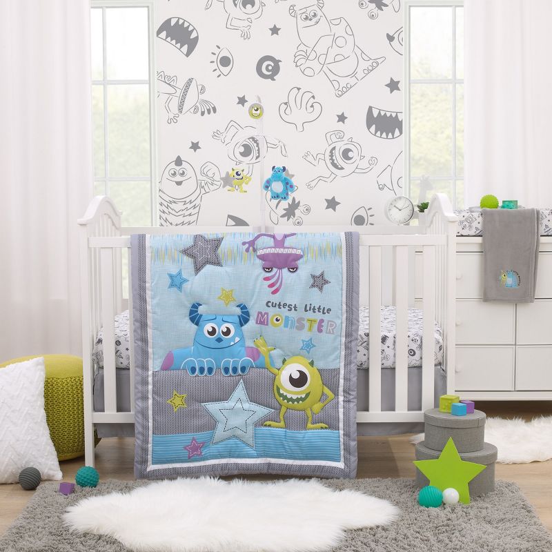 Disney Monsters, Inc. Cutest Little Monster Gray, Turquoise, and Green, Sully, and Mike Super Soft Appliqued Baby Blanket, 5 of 6