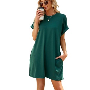 Womens Summer Crew Neck Mini Dresses Casual Short Sleeve Loose Flowy Shirt Dress with Pockets