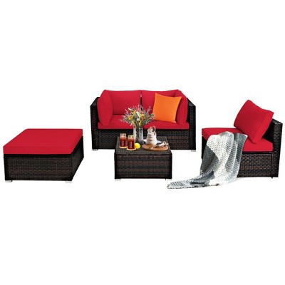 Red 5-Piece Outdoor Rattan Sectional Sofa Set with Ottomans