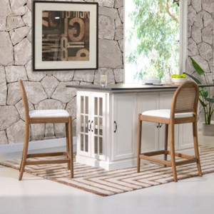 26.5" Curved Back Cane Rattan Bar Stool Set Of 2,Upholstered Kitchen Chairs With Wooden Legs,Armless Living Room Chairs-Cuddelewood - 1 of 4