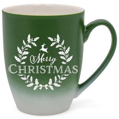 Elanze Designs Merry Christmas Two Toned Ombre Matte Green and White 12 ounce Ceramic Stoneware Coffee Cup Mug