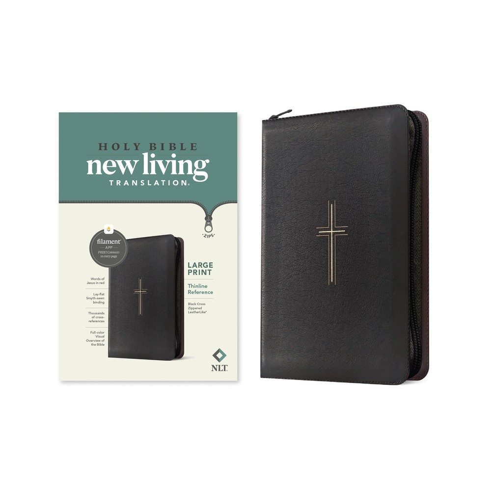 NLT Large Print Thinline Reference Zipper Bible, Filament Enabled (Leatherlike, Black Cross, Red Letter) - (Leather Bound)