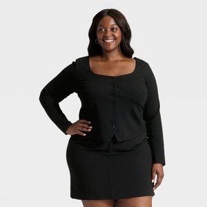 Women's Ponte Button-Front Long Sleeve Top - A New Day™ - 1 of 3