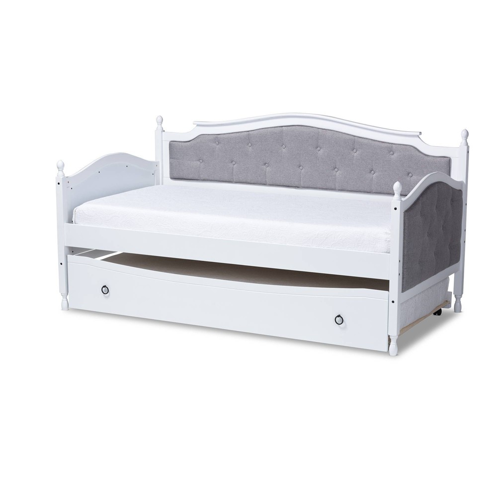 Photos - Bed Frame Twin Marlie Upholstered Daybed with Trundle Gray/White - Baxton Studio