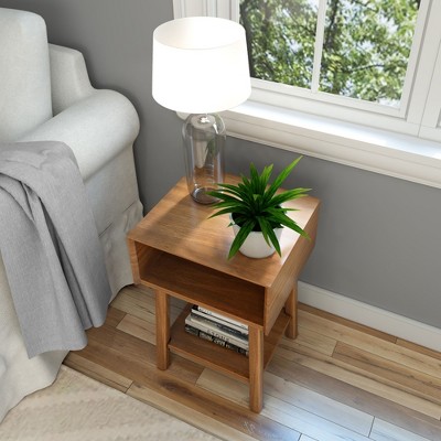 Pecan Mid-Century Modern Wooden Nightstand with Cubby Shelf