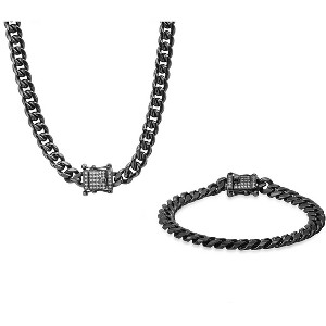 Steeltime 24" and 8.75" Men's stainless steel cuban link chain set with simulated diamonds clasp. Color Options: Silver, Gold, Black - 1 of 4