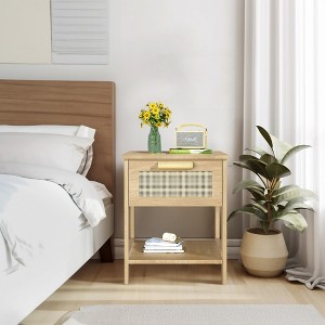 Hooseng Nightstand, Wooden Nightstand with Rattan Drawer and Lower Shelf, Wooden End Table, Bedside Table for Small Spaces - 1 of 4