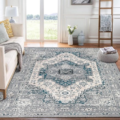 Rugs for Living Room Washable Rug Anti-Slip Low Pile Thin Rugs for Bedroom Vintage Floral Accent Carpet Oriental Distressed Floor