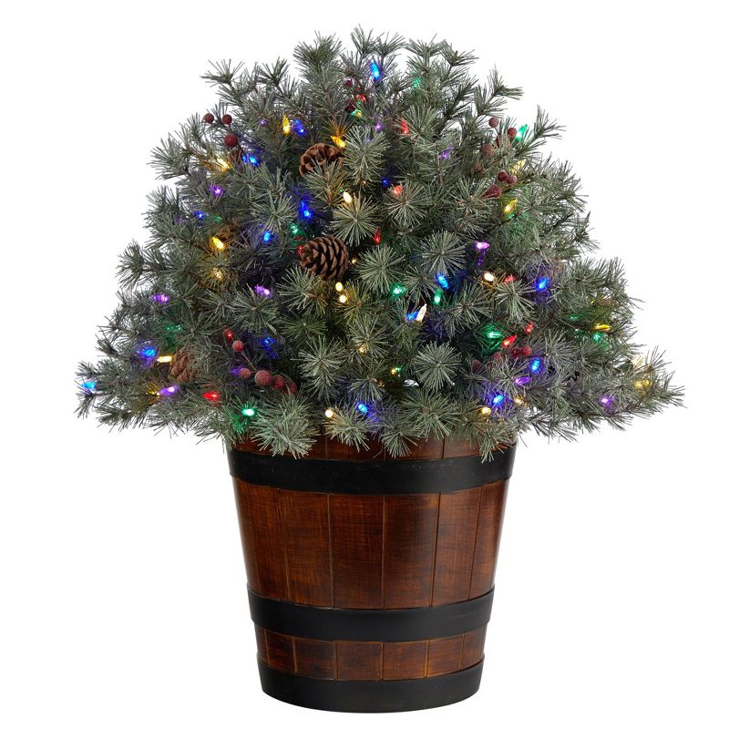 Nearly Natural 2.17-ft Flocked Shrub with Pinecones, 150 Multicolored LED Lights and 280 Branches in Planter, 1 of 8