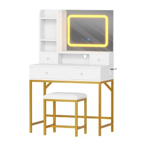 Makeup Vanity Desk and Stool with Mirror, Modern Dressing Table and Stool, 3 Adjustable Lighting Mode Makeup Vanity, 4 Drawers, 2 Open Shelves, White - 1 of 4