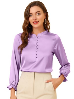 Allegra K Women's Ruffle Neck Long Sleeve Elastic Cuff Button Office Satin Blouse