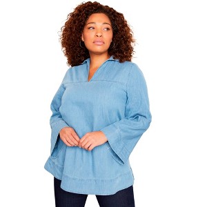 June + Vie by Roaman's Women's Plus Size Cotton Denim Blouse - 1 of 3