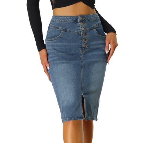 Women's High Waisted Jean Skirt Washed Distressed Split Button Up Denim  Midi Skirt Stretchy Casual Long Skirts 