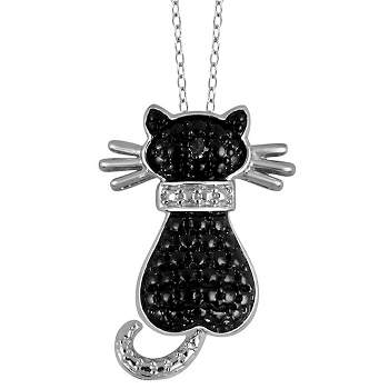Women's Sterling Silver Accent Round-Cut Black Diamond Pave Set Cat Pendant (18")