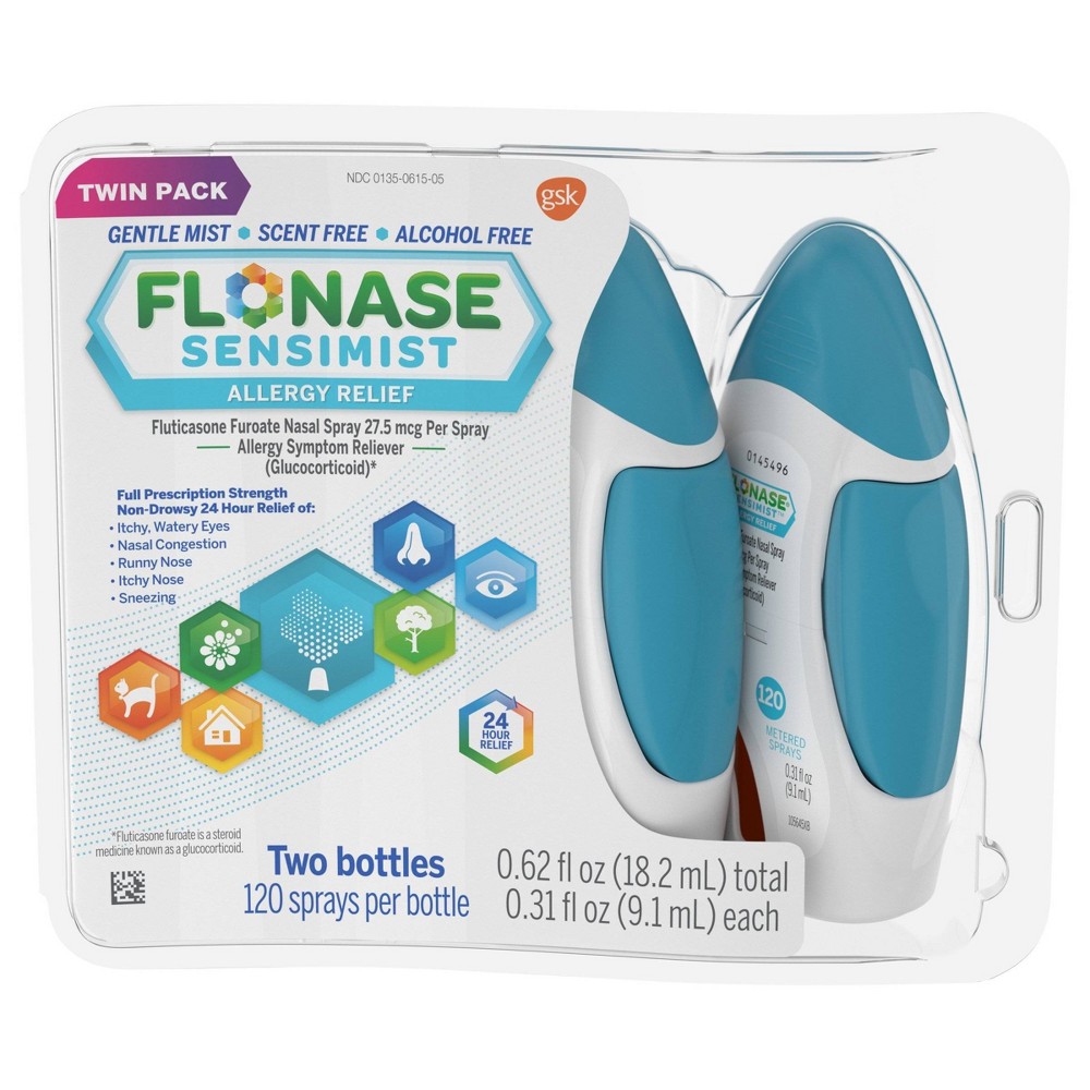 Flonase Sensimist 24hr Allergy Relief Nasal Spray, Gentle Mist, Scent-Free, 240 sprays Twinpack