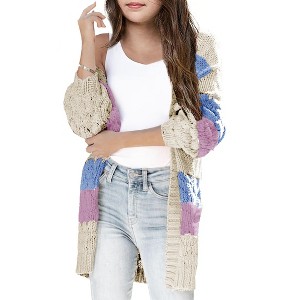 Girls Sweater Cardigan Open Front Longline Sweater Cable Knit Sweater Long Sleeve Color Block Sweater,Morning Glory - XL - 1 of 3