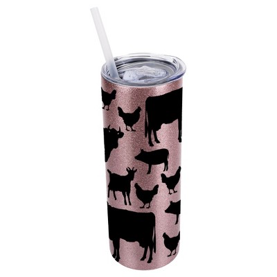 Elanze Designs Black Bubblegum Pink 20 Ounce Double Wall Stainless Steel Glitter Travel Tumbler With Sliding Lid And Straw, Farm Animals