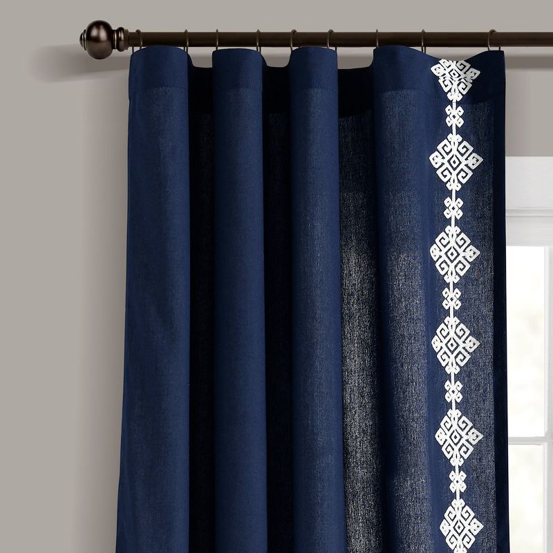 Luxury Modern Geo Linen Like Embroidery Border Window Curtain Panel Navy Single 52X84, 1 of 6