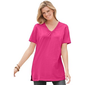 Woman Within Plus Size Perfect Short-Sleeve Shirred V-Neck Tunic - 1 of 4