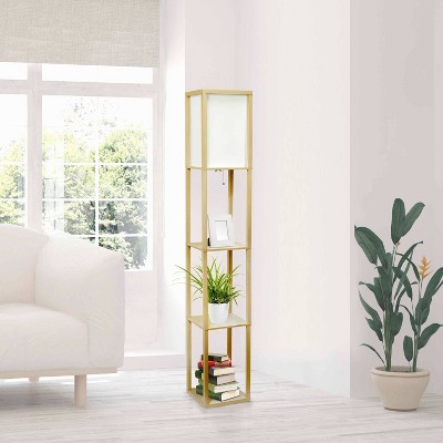 Tan Multifunctional Floor Lamp with Linen Shade and Storage Shelves