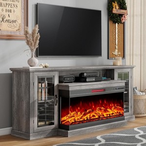 AMERLIFE 3-Sided Glass Fireplace TV Stand with LED Lights ,Fireplace Media Entertainment Center Console Cabinet Table with Glass Door Closed Storage - 1 of 4