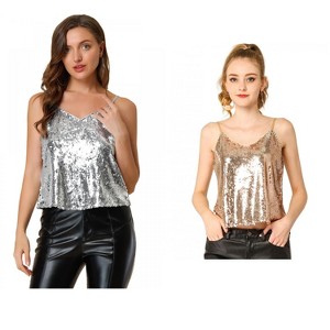 Allegra K Women's Sequined Shining Adjustable Straps Party Sparkle Cami Top 2 Packs - 1 of 4