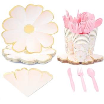 Sparkle and Bash 144-Piece Flower Party Supplies with Daisy Paper Plates, Napkins, Cups, and Cutlery, Serves 24