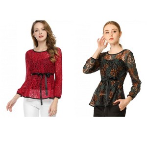 INSPIRE CHIC Women's 2 Packs Semi-Sheer Elegant Tie Waist Long Sleeve Floral Lace Peplum Blouses Green X-Large - 1 of 4
