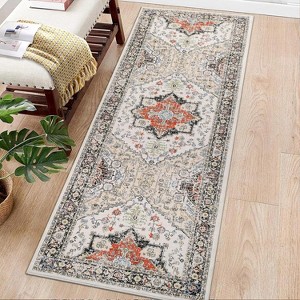 Classic Vintage Floral Rug, Thin Low Pile, Non Slip, Washable, Stain Resistant, Foldable Accent Carpet for Living Room Bedroom - 1 of 4