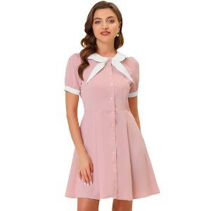 Allegra K Women's Fit and Flare Contrast Color Bowtie Neck Dress - 1 of 4