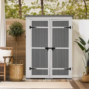 Coolbibila-Wood Storage Shed, Garden Tool Cabinet With Waterproof Roof, Garden Workstation With Four Lockable Doors And Multiple-Tier Shelves - 1 of 4