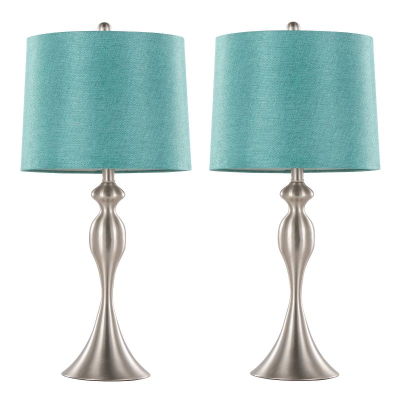 LumiSource (Set of 2) Ashland 27&#34; Contemporary Metal Table Lamps Brushed Nickel with Turquoise Textured Linen Shade from Grandview Gallery, 1 of 6