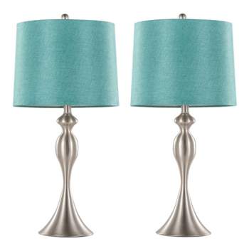 LumiSource (Set of 2) Ashland 27" Contemporary Metal Table Lamps Brushed Nickel with Turquoise Textured Linen Shade from Grandview Gallery