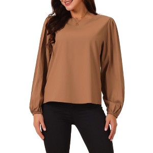 Seta T Women's Elegant Round Neck Chiffon Pleated Long Sleeve Flowy Dressy Business Tops - 1 of 4