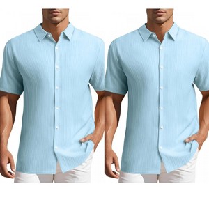 INSPIRE CHIC Men's Point Collar Short Sleeve Button Down Summer Linen Shirt 2 Packs - 1 of 4